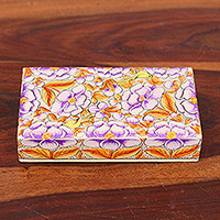 Caja decorativa de madera, 'Blooming Kashmir in Purple' - Caja decorativa de papel maché púrpura sobre madera con diseño de pájaro y hoja floral