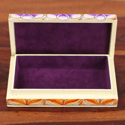 Caja decorativa de madera - Caja decorativa Papel maché morado sobre madera con diseño de pájaro y hoja floral