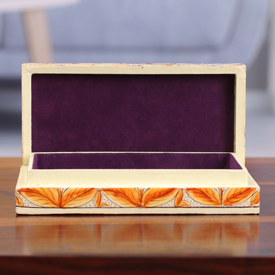 Wood decorative box, 'Blooming Kashmir in Purple' - Purple Papier Mache on Wood Floral Leaf Bird Decorative Box