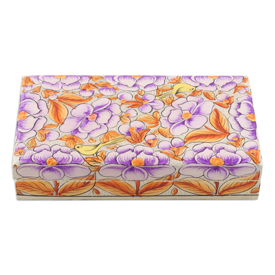 Wood decorative box, 'Blooming Kashmir in Purple' - Purple Papier Mache on Wood Floral Leaf Bird Decorative Box