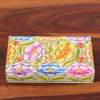 Caja decorativa de madera, 'Blooming Kashmir' - Caja decorativa de papel maché con temática de pájaros y hojas florales