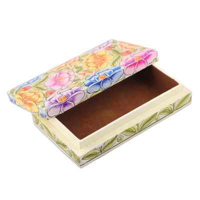 Wood decorative box, 'Blooming Kashmir' - Floral Leaf Bird-Themed Papier Mache on Wood Decorative Box
