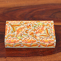 Deko-Box aus Holz, „Blooming Kashmir in Orange“ – Deko-Box aus orangefarbenem Pappmaché auf Holz, Blumenblatt, Vogel