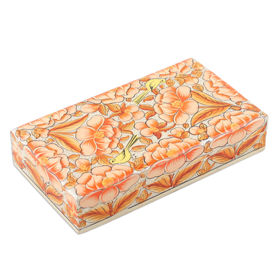 Caja decorativa de madera - Caja decorativa Papel maché naranja sobre madera con diseño de pájaro y hoja floral