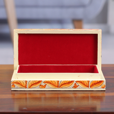 Caja decorativa de madera - Caja decorativa Papel maché naranja sobre madera con diseño de pájaro y hoja floral