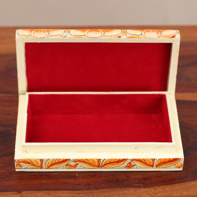 Wood decorative box, 'Blooming Kashmir in Orange' - Orange Papier Mache on Wood Floral Leaf Bird Decorative Box