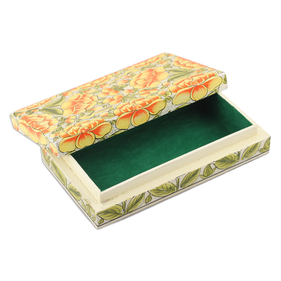 Wood decorative box, 'Blooming Kashmir in Yellow' - Yellow Papier Mache on Wood Floral Leaf Bird Decorative Box