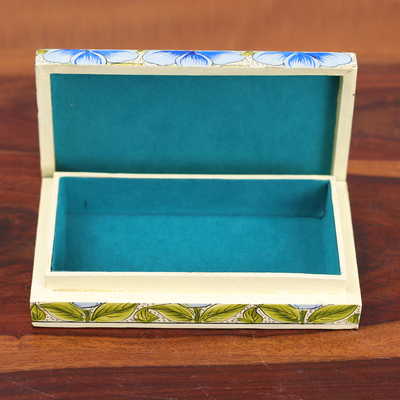 Dekorative Box aus Holz - Blaue dekorative Box aus Pappmaché auf Holz mit Blumenblättern und Vögeln