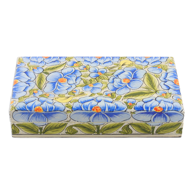 Caja decorativa de madera - Caja decorativa de papel maché azul sobre madera con hojas florales y pájaros