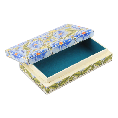 Dekorative Box aus Holz - Blaue dekorative Box aus Pappmaché auf Holz mit Blumenblättern und Vögeln