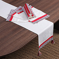 Tischläufer und Tischsets aus Baumwolle, „Floral Captivation“ (7 Stück) - Set Tischläufer und Tischsets aus Baumwolle mit floralem Mohnmuster (7 Stück)