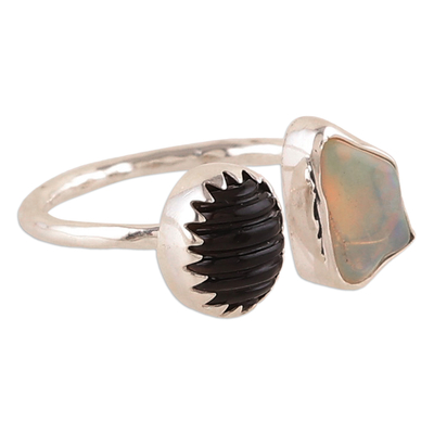Opal and smoky quartz wrap ring, 'Ethereal Aura' - Modern Opal and Smoky Quartz Sterling Silver Wrap Ring