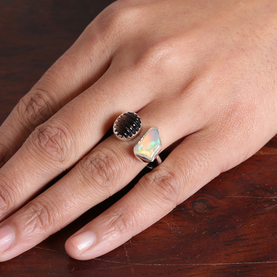 Opal and smoky quartz wrap ring, 'Ethereal Aura' - Modern Opal and Smoky Quartz Sterling Silver Wrap Ring