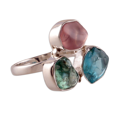 Apatite and rose quartz cocktail ring, 'Spectacular Trio' - Modern Sterling Silver Apatite and Rose Quartz Cocktail Ring