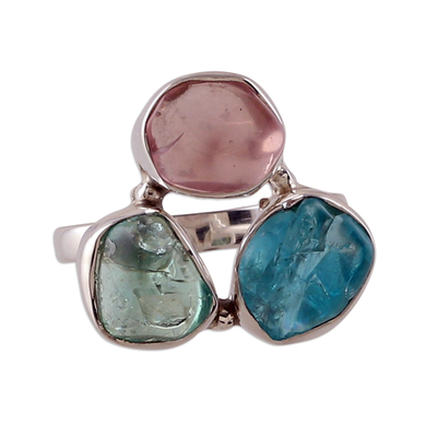 Apatite and rose quartz cocktail ring, 'Spectacular Trio' - Modern Sterling Silver Apatite and Rose Quartz Cocktail Ring