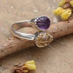 Citrine and amethyst wrap ring, 'Leafy Union' - Modern Citrine and Amethyst Sterling Silver Wrap Ring