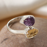 Citrine and amethyst wrap ring, 'Leafy Union' - Modern Citrine and Amethyst Sterling Silver Wrap Ring