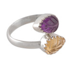 Citrine and amethyst wrap ring, 'Leafy Union' - Modern Citrine and Amethyst Sterling Silver Wrap Ring