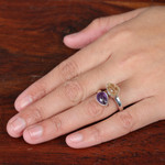 Citrine and amethyst wrap ring, 'Leafy Union' - Modern Citrine and Amethyst Sterling Silver Wrap Ring