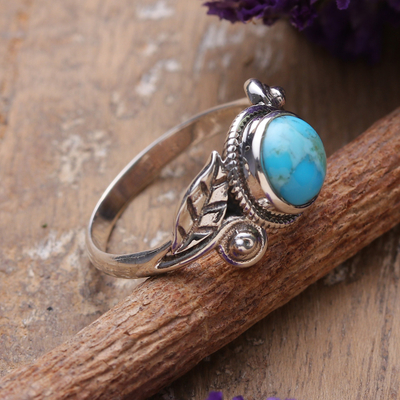 Silver Reconstituted Turquoise Cocktail Ring with Leaf Motif - Sky Glam |  NOVICA