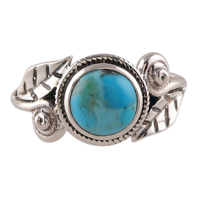 Reconstituted turquoise cocktail ring, 'Sky Glam' - Silver Reconstituted Turquoise Cocktail Ring with Leaf Motif