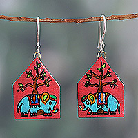 Ceramic dangle earrings, 'Tiny Sages' - Hand-Painted Elephant-Themed Ceramic Dangle Earrings