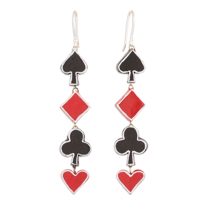 Ceramic dangle earrings, 'Lucky Suits' - Handcrafted Card Suit-Themed Ceramic Dangle Earrings