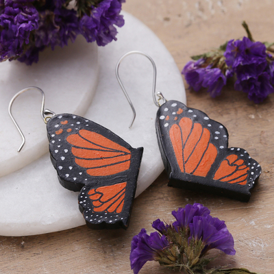 Ceramic dangle earrings, 'Monarch Dream' - Monarch Butterfly-Shaped Ceramic Dangle Earrings from India