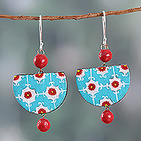 Ceramic dangle earrings, 'Moroccan Expression' - Floral Turquoise and Red Ceramic Dangle Earrings from India