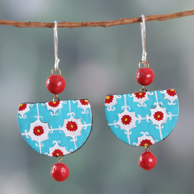 Ceramic dangle earrings, 'Moroccan Expression' - Floral Turquoise and Red Ceramic Dangle Earrings from India