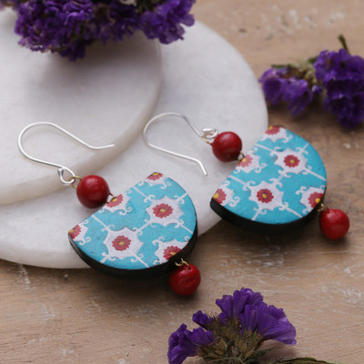 Ceramic dangle earrings, 'Moroccan Expression' - Floral Turquoise and Red Ceramic Dangle Earrings from India