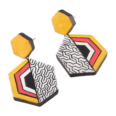 Ceramic dangle earrings, 'Modern Artistry' - Hand-Painted Modern Geometric Ceramic Dangle Earrings