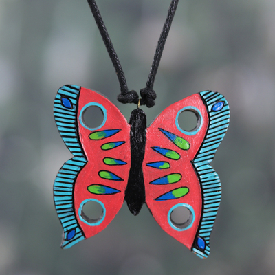 Ceramic pendant necklace, 'Glorious Butterfly' - Hand-Painted Butterfly-Shaped Ceramic Pendant Necklace