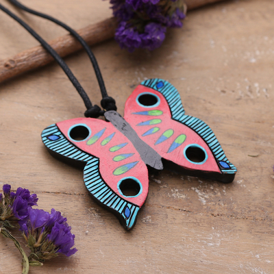 Ceramic pendant necklace, 'Glorious Butterfly' - Hand-Painted Butterfly-Shaped Ceramic Pendant Necklace