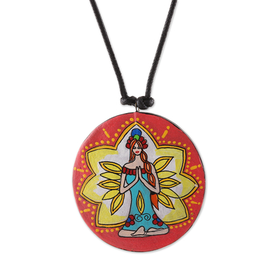 Collar colgante de cerámica - Collar colgante redondo de cerámica con temática de meditación pintada