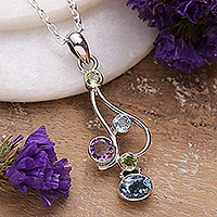 Multi-gemstone pendant necklace, 'Gems of Spring' - High-Polished One-Carat Multi-Gemstone Pendant Necklace