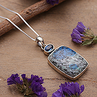 Kyanite and jasper pendant necklace, 'Heavenly Flair' - Faceted One-Carat Kyanite and Blue Jasper Pendant Necklace