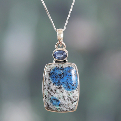 Kyanite and jasper pendant necklace, 'Heavenly Flair' - Faceted One-Carat Kyanite and Blue Jasper Pendant Necklace