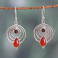 Garnet and carnelian dangle earrings, 'Orbiting Fire' - Polished Round Garnet and Natural Carnelian Dangle Earrings