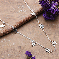 Sterling silver station charm necklace, 'Butterfly Desire' - Butterfly-Themed Sterling Silver Station Charm Necklace