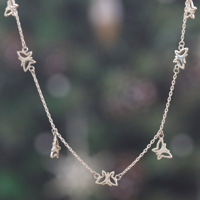 Sterling silver station charm necklace, 'Butterfly Desire' - Butterfly-Themed Sterling Silver Station Charm Necklace