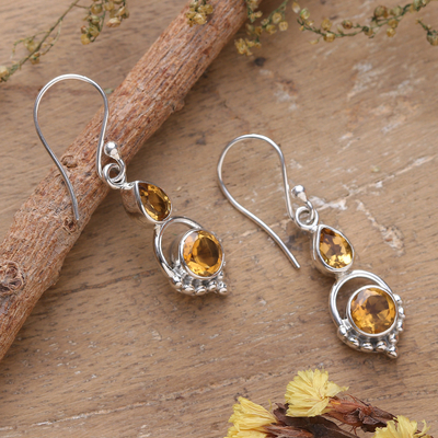 Citrine dangle earrings, 'Successful Yellow' - Two-Carat Faceted Pear and Round Citrine Dangle Earrings