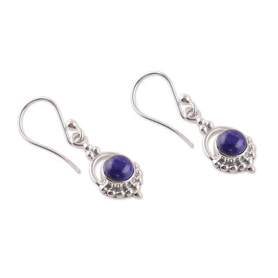 Lapis lazuli dangle earrings, 'Intellectual Allure' - Polished Lapis Lazuli Cabochon Dangle Earrings from India