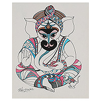 'Ganesha Hanuman' - Signed Hindu Watercolor Ganesha and Hanuman Painting