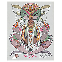 'Meditative Ganesha' - Pintura vibrante de Ganesha meditativa en acrílico y acuarela