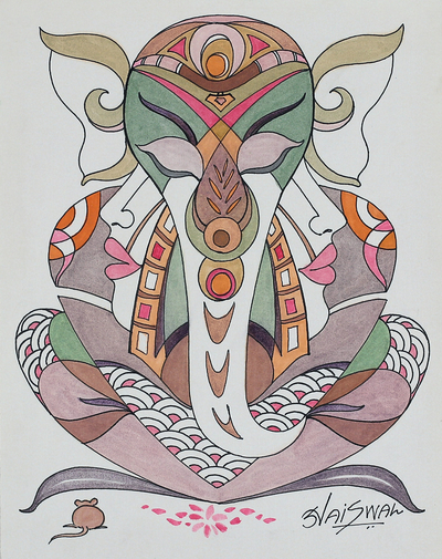'Meditative Ganesha' - Vibrant Acrylic and Watercolor Meditative Ganesha Painting