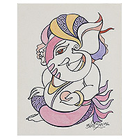 „Water Ganesha“ – signiertes Ganesha-Gemälde aus Acryl und Aquarell mit maritimem Thema