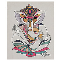 'Ganesha Glory' - Vibrante pintura acrílica y acuarela majestuosa de Ganesha