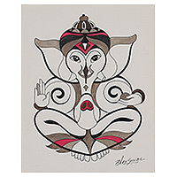 'Sitting Ganesha' - Traditional Acrylic and Watercolor Painting of Ganesha