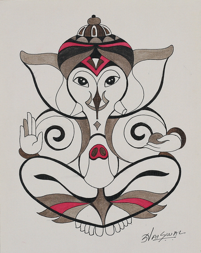 'Sitting Ganesha' - Traditional Acrylic and Watercolor Painting of Ganesha